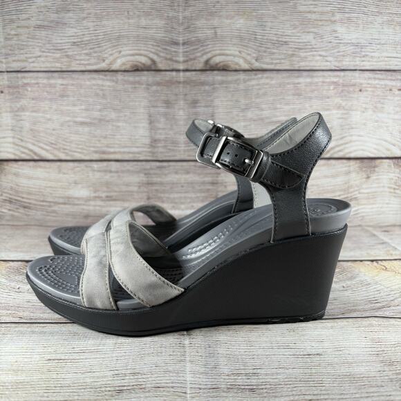 CROCS Sandals Womens Size 6 Leigh II Ankle Strap Platform Wedge Heel Gray - Picture 1 of 11
